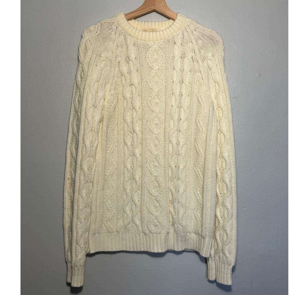 Vintage Men's L Kings Road Sears Chunky Cream Cable Knit Fisherman Crew Sweater